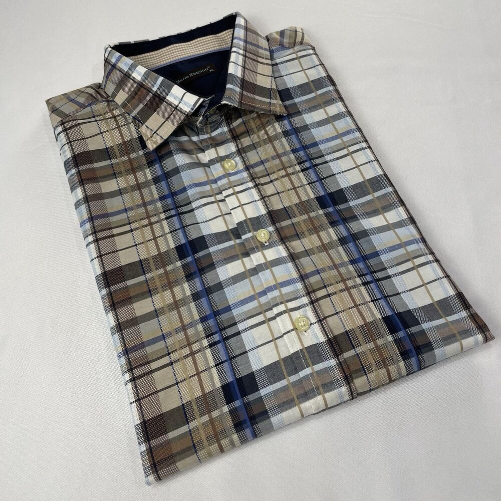 Mario Zegnoti Mens Short Sleeve Button Up Brown Tattersall Plaid-XL